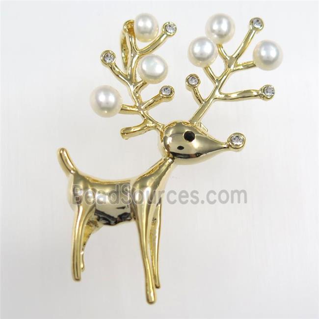 copper christmas Reindeer brooch paved zircon with pearl, gold plated