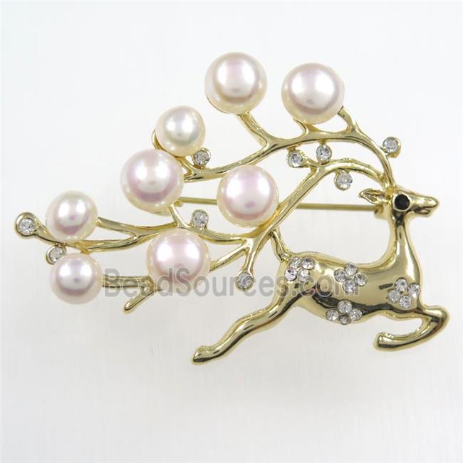 copper christmas Reindeer brooch paved zircon with pearl, gold plated