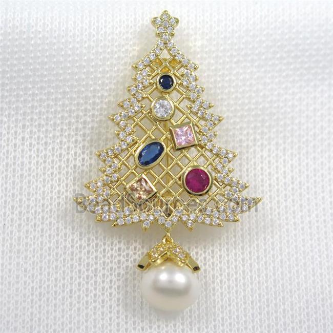 christmas tree copper brooch paved zircon, gold plated