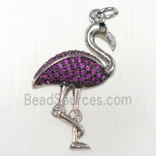 copper crane pendants paved zircon, platinum plated