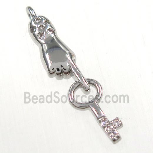 copper handkey pendants paved zircon, platinum plated