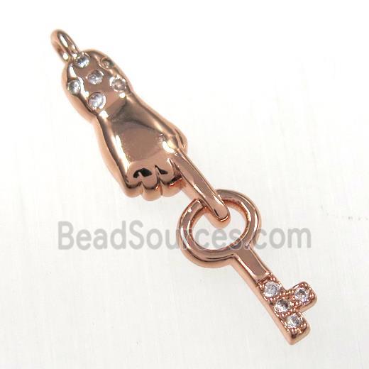 copper handkey pendants paved zircon, rose gold