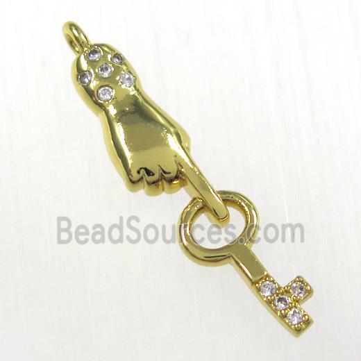 copper handkey pendants paved zircon, gold plated