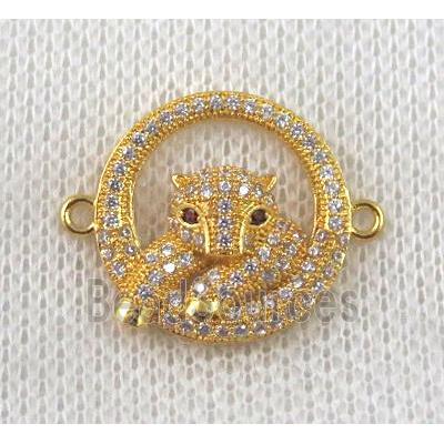 copper leopard head connector paved zircon, gold plated