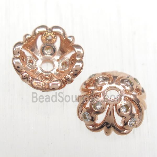 copper beadcaps paved zircon, rose gold