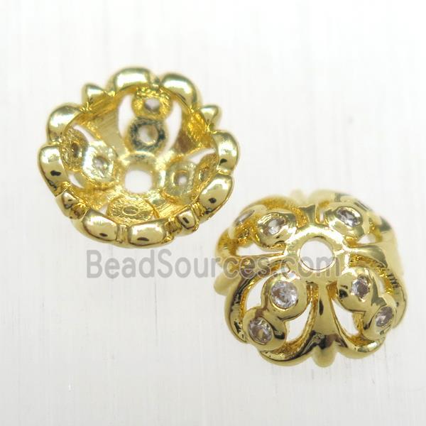 copper beadcaps paved zircon, gold plated