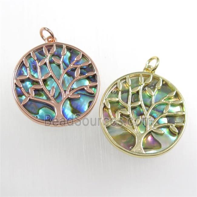 copper circle pendant with abalone shell, tree of life, mix color