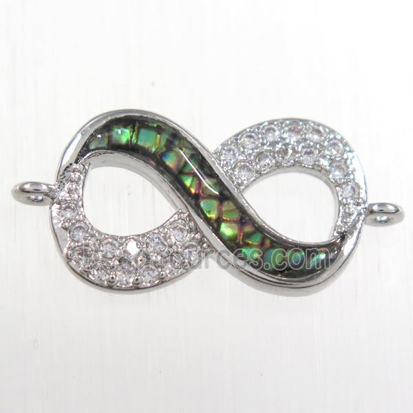 copper infinity connector paved zircon with abalone shell, platinum plated