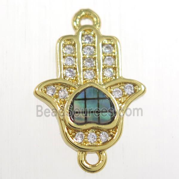 copper hamsahand connector paved zircon with abalone shell, gold plated