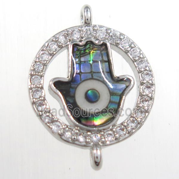 copper hamsahand connector paved zircon with abalone shell, platinum plated