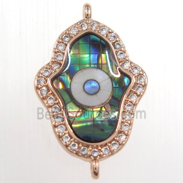 copper hamsahand connector paved zircon with abalone shell, rose gold