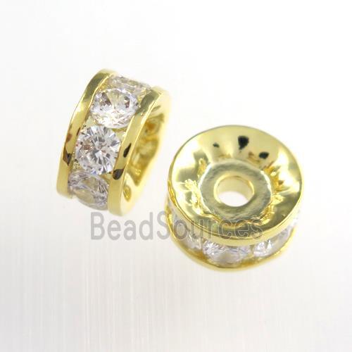 copper rondelle beads paved zircon, wheel, gold plated