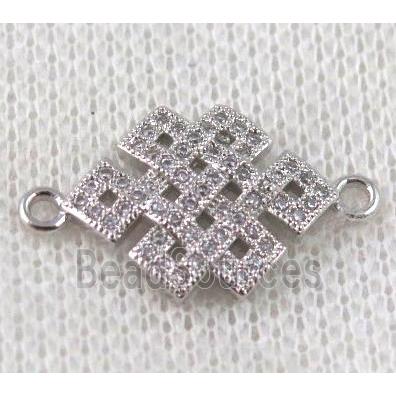 copper Chinese knot connector paved zircon, platinum plated