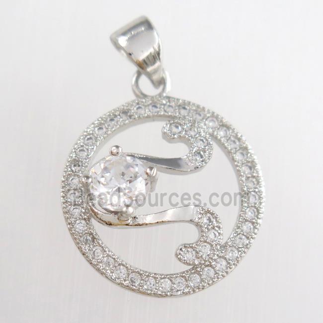 copper circle pendants paved zircon, platinum plated