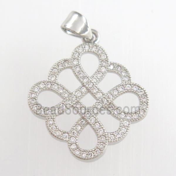 copper knot square pendants paved zircon, platinum plated