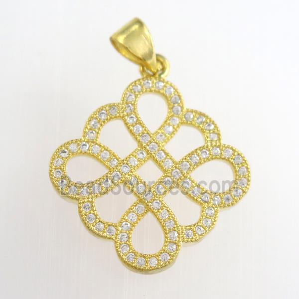 copper knot square pendants paved zircon, gold plated