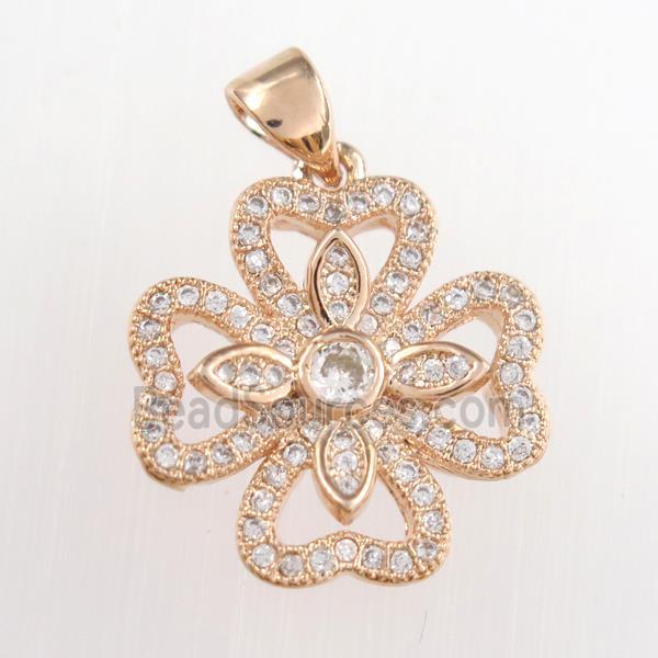 copper clover pendants paved zircon, rose gold