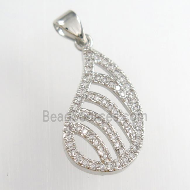 copper teardrop pendants paved zircon, platinum plated