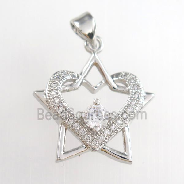 copper starheart pendants paved zircon, platinum plated