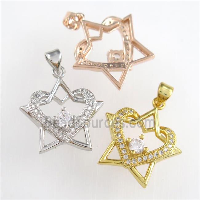 copper starheart pendants paved zircon, mixed color