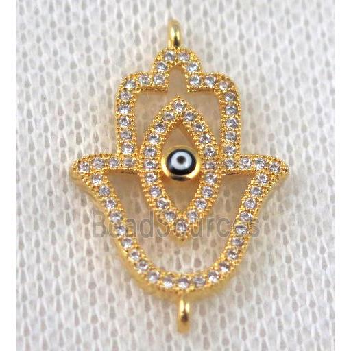 copper hamsahand connector paved zircon with evil eye, gold plated