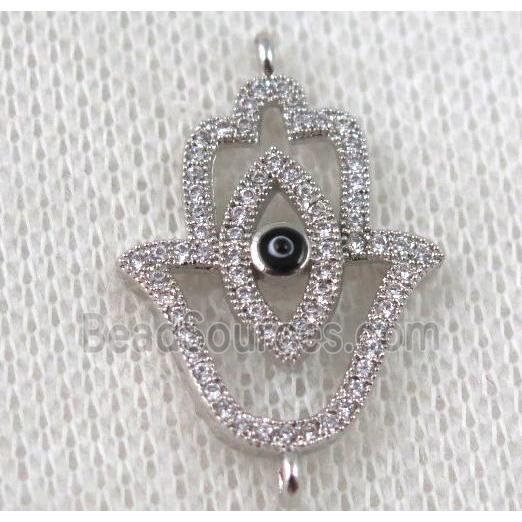 copper hamsahand connector paved zircon with evil eye, platinum plated