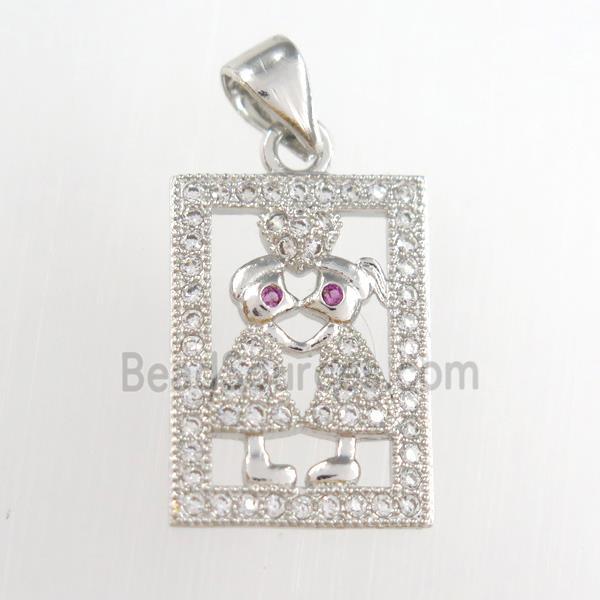 copper couple pendants paved zircon, platinum plated