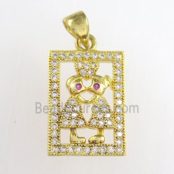 copper couple pendants paved zircon, gold plated