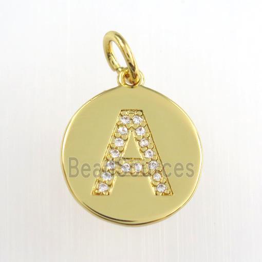 copper pendant paved zircon, letter A, gold plated