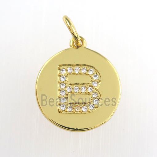 copper pendant paved zircon, letter B, gold plated