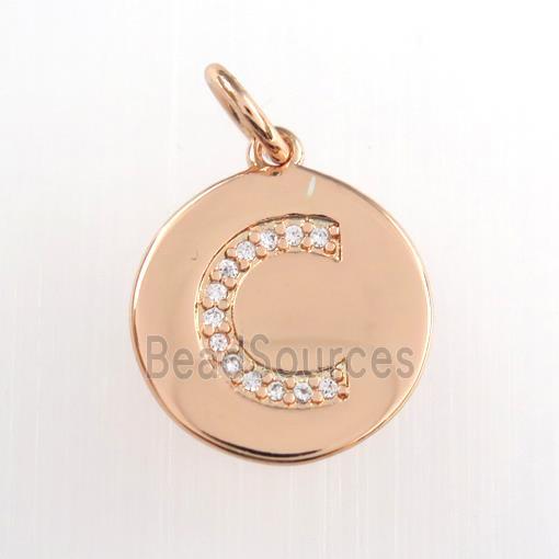 copper pendant paved zircon, letter C, rose gold