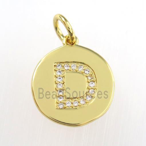 copper pendant paved zircon, letter D, gold plated