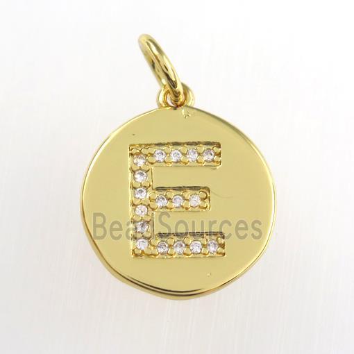 copper pendant paved zircon, letter E, gold plated