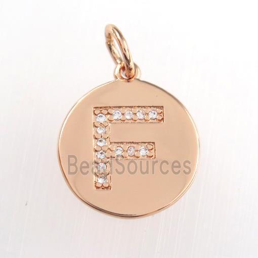 copper pendant paved zircon, letter F, rose gold