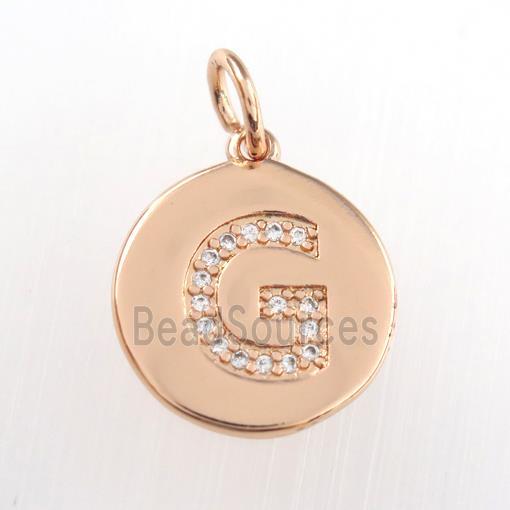 copper pendant paved zircon, letter G, rose gold