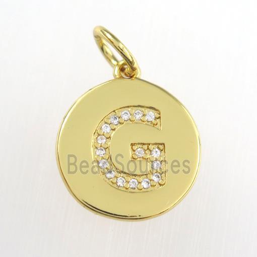 copper pendant paved zircon, letter G, gold plated