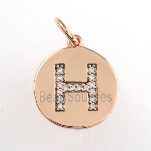 copper pendant paved zircon, letter H, rose gold