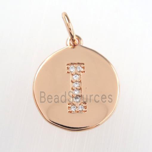 copper pendant paved zircon, letter I, rose gold