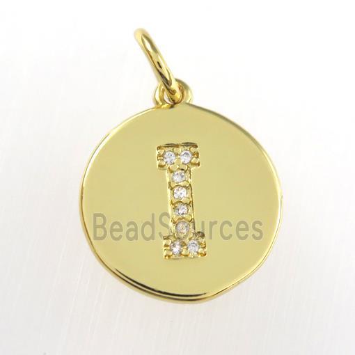 copper pendant paved zircon, letter I, gold plated