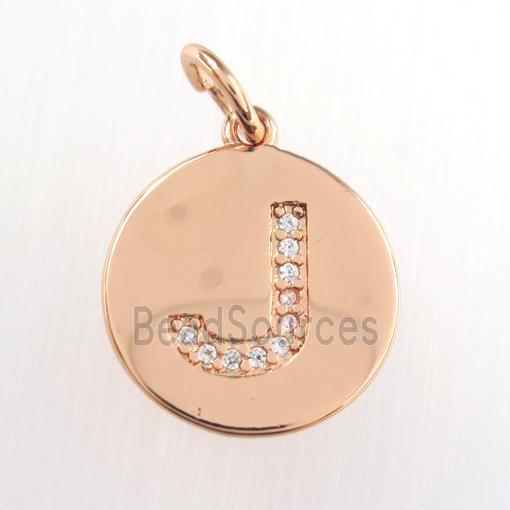 copper pendant paved zircon, letter J, rose gold