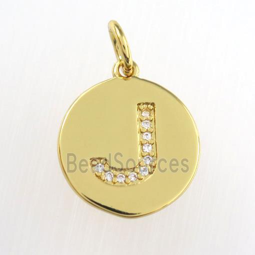 copper pendant paved zircon, letter J, gold plated