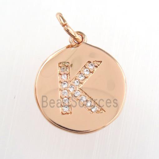 copper pendant paved zircon, letter K, rose gold