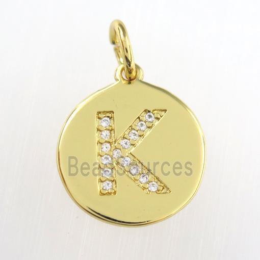 copper pendant paved zircon, letter K, gold plated