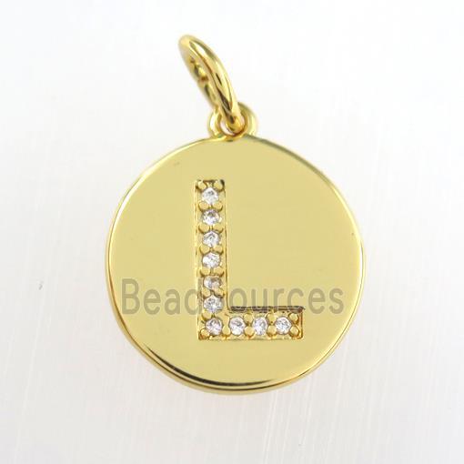 copper pendant paved zircon, letter L, gold plated