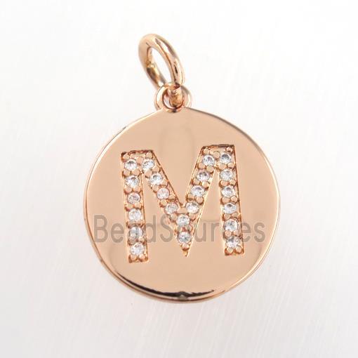 copper pendant paved zircon, letter M, rose gold