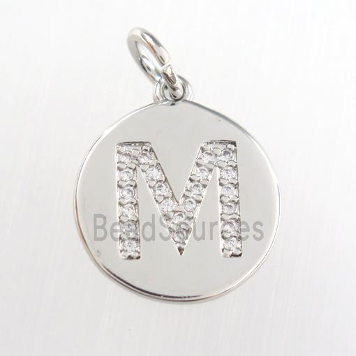 copper pendant paved zircon, letter M, platinum plated