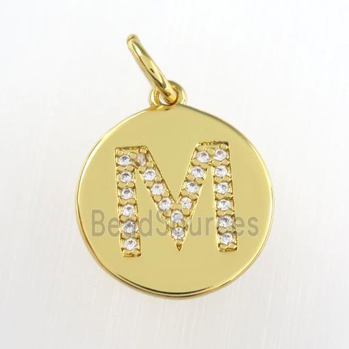 copper pendant paved zircon, letter M, gold plated