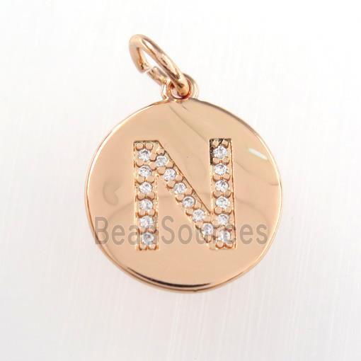 copper pendant paved zircon, letter N, rose gold