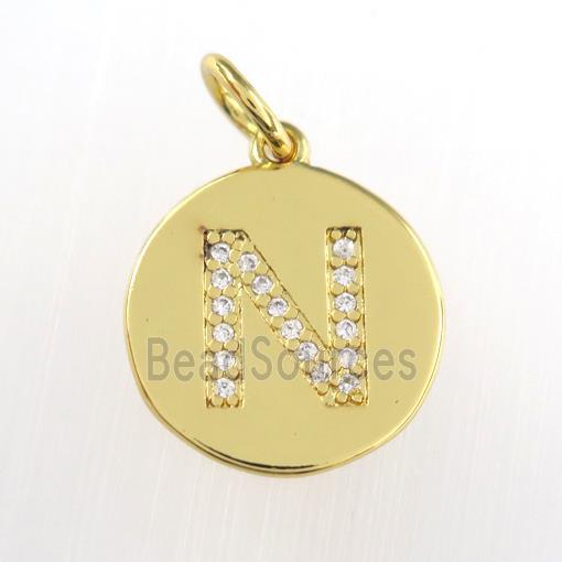 copper pendant paved zircon, letter N, gold plated