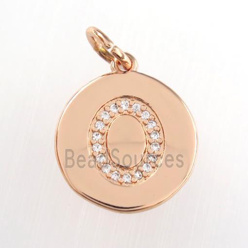 copper pendant paved zircon, letter O, rose gold